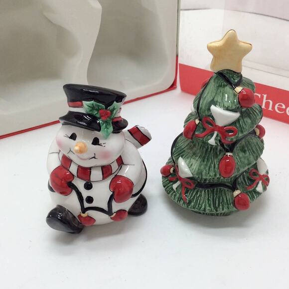 Fitz and Floyd Salt & Pepper Shakers Cheers Snowman and Christmas Tree - Picture 1 of 4
